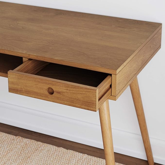 Nathan James Parker Modern Home Office Writing, Computer or Laptop Desk with Open Storage Cubby and Small Drawer, Walnut - LeafyLoom