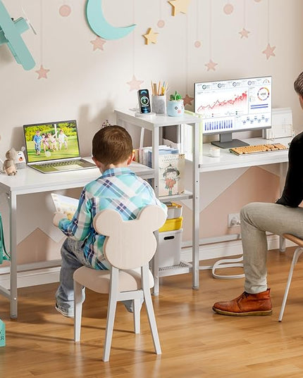 Furologee White 71" Double Gaming Desk, Extra Long 2 Person Computer Desk with Book Shelf and Cloth Bag, Large Office Desk Study Writing Table with Hooks for Home Office (NO Power Outlets) - LeafyLoom