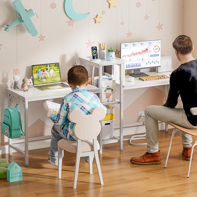 Furologee White 71" Double Gaming Desk, Extra Long 2 Person Computer Desk with Book Shelf and Cloth Bag, Large Office Desk Study Writing Table with Hooks for Home Office (NO Power Outlets) - LeafyLoom