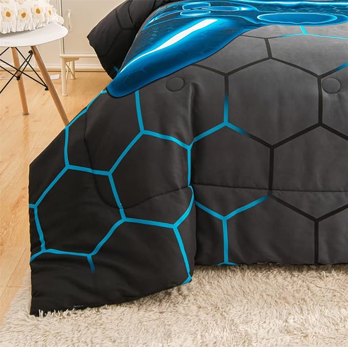 NTBED Game Console Comforter Set for Boys Girls Kids 3D Gaming Geometric Lightweight Microfiber Bedding Sets (Blue, Twin) - LeafyLoom