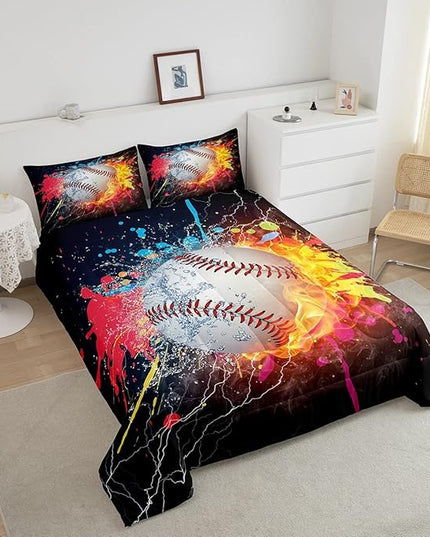 Baseball Queen Comforter Set For Boys,Tie Dye Baseball Sports Bedding Set Red Blue Fire Water Lightning Duvet Insert For All Season,Sports Baseball Quilt Soft Lightweight Bedroom Decor 2 Pillow Cases - LeafyLoom