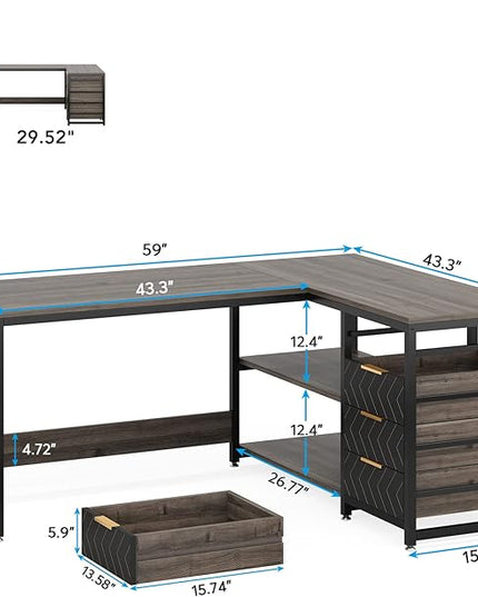 59-Inch L Shaped Desk with Drawers, Large Computer Desk with Storage Shelves, Reversible L-Shaped Corner Desk Workstation for Home Office - LeafyLoom