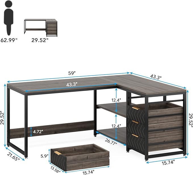 59-Inch L Shaped Desk with Drawers, Large Computer Desk with Storage Shelves, Reversible L-Shaped Corner Desk Workstation for Home Office - LeafyLoom