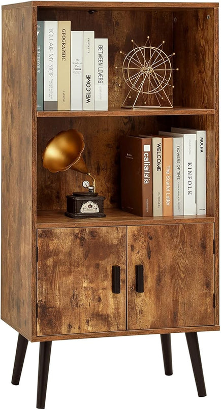 usikey 48.4" H Boho Bookcase, Retro Bookshelf with Doors & 2-Tier Shlef, Mid-Century Modern Storage Cabinet for Bedroom, Study, Living Room, Office, Library, Brown - LeafyLoom