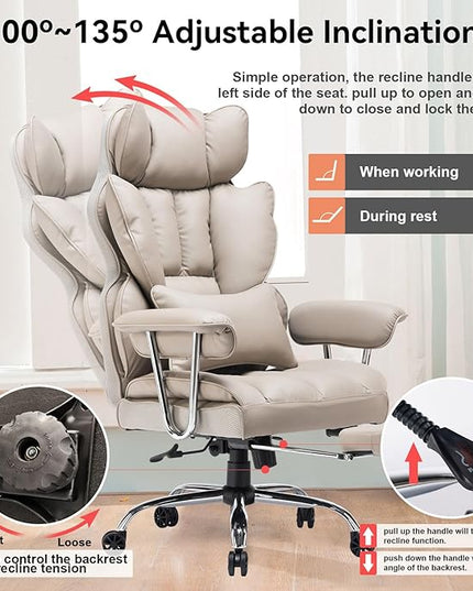 Desk Office Chair 400LBS, Big and Tall Office Chair, PU Leather Computer Chair, Executive Office Chair with Leg Rest and Lumbar Support, Grey Office Chair 1 - LeafyLoom
