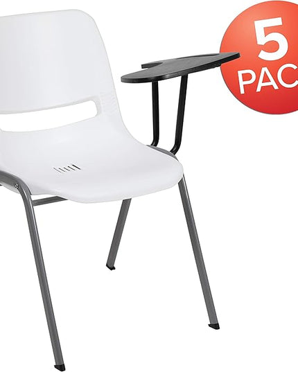Flash Furniture HERCULES 5 Pack White Ergonomic Shell Chair with Left Handed Flip-Up Tablet Arm - LeafyLoom