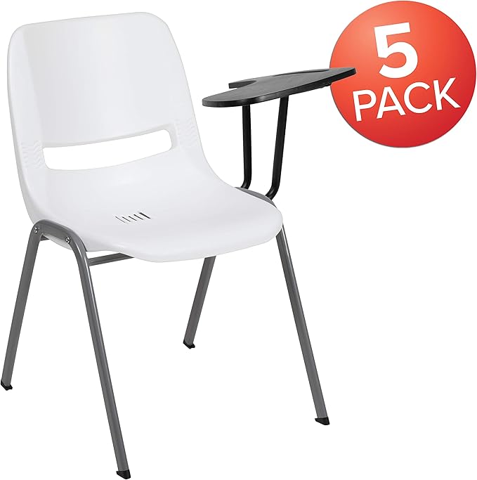 Flash Furniture HERCULES 5 Pack White Ergonomic Shell Chair with Left Handed Flip-Up Tablet Arm - LeafyLoom