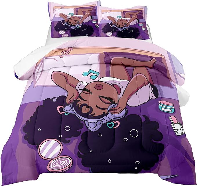 African American Black Girl Comforter Set Twin Size, Black Girls Magic Duvet Comforter for Kawaii Bedroom Decor, Black Girl Love Music Purple Bedding Set with 1 Comforter +1 Pillowcase - LeafyLoom