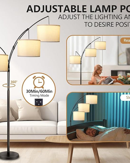 Arc Floor Lamp for Living Room with Remote Control, Dimmable Modern Mid Century 3 Lights Arched Tall Floor Lamp, Adjustable Standing Corner Lamp for Living Room Bedroom Office (Black+White Shade) - LeafyLoom