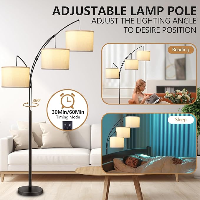 Arc Floor Lamp for Living Room with Remote Control, Dimmable Modern Mid Century 3 Lights Arched Tall Floor Lamp, Adjustable Standing Corner Lamp for Living Room Bedroom Office (Black+White Shade) - LeafyLoom
