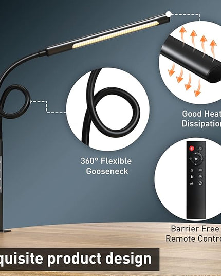 Swing Arm Desk Light with Remote Control, Eye-Caring Gooseneck Desk Lamp, Adjustable Brightness & Color Temperatures, Modern LED Clamp Light with Memory & Timer Function, 12W, Matteblack - LeafyLoom