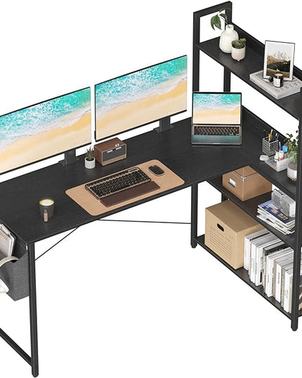 Treesland 55 Inch Computer Desk with Storage Shelves, L Shaped Desk with Storage, Corner Desk with Storage, Home Office Desks, Bookshelf Desk, Writing Study Desk for Bedroom, Black - LeafyLoom