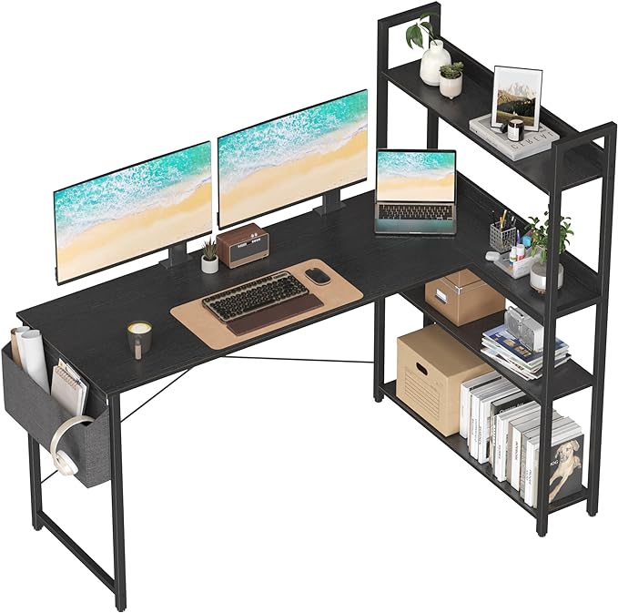 Treesland 55 Inch Computer Desk with Storage Shelves, L Shaped Desk with Storage, Corner Desk with Storage, Home Office Desks, Bookshelf Desk, Writing Study Desk for Bedroom, Black - LeafyLoom