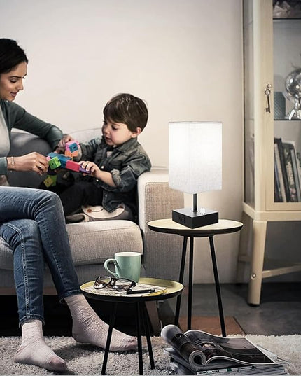 Fully Dimmable Table Lamps Set of 2,Small Table Lamp for Bedroom Kids Room, Bedside Lamp with USB C + A Ports & AC Outlet, Square Beige Fabric Shade Black Metal Base(LED Blubs Included). - LeafyLoom