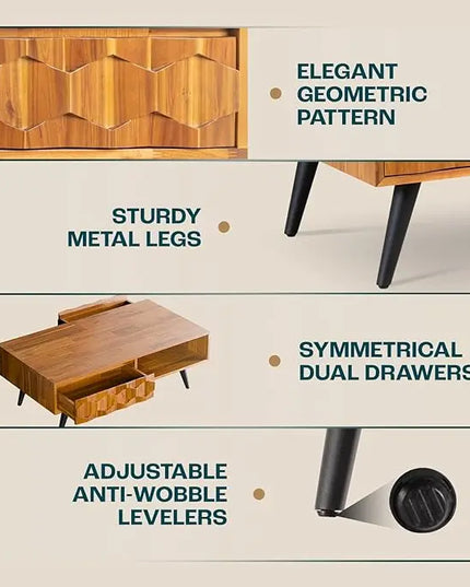Bme Georgina Solid Wood Coffee Tables & Nightstands with Geometric Details, 2 Drawers - LeafyLoom