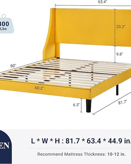 Allewie Queen Bed Frame, Platform Bed Frame Queen Size with Upholstered Headboard, Modern Deluxe Wingback, Wood Slat Support, Mattress Foundation, Light Yellow - LeafyLoom