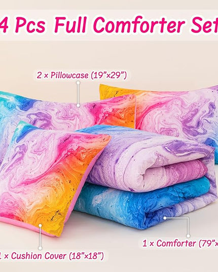 4 Pcs Tie Dye Full Comforter Set for Girls, Watercolor Marble Abstract Art Superior Kids Bedding Sets Full Size, Pink Purple Blue Colorful Teenage Girls Comforter Sets - LeafyLoom