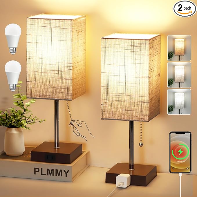 Bedside Table Lamp for Bedroom Nightstand, 3 Color Pull Chain Nightstand Lamps Set of 2 with AC Outlets, Square Gray Lampshade Bedside Lamp for Living Room, Office Desk, LED Bulb Included - LeafyLoom