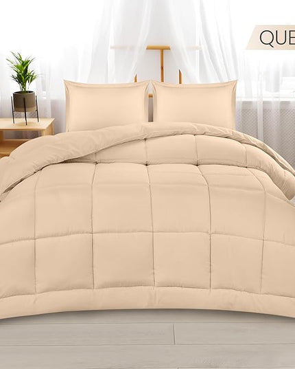 Utopia Bedding Queen Size Comforter Set with 2 Pillow Shams, Bedding Comforter Sets, Down Alternative Beige Comforter, Soft and Comfortable, Machine Washable - LeafyLoom