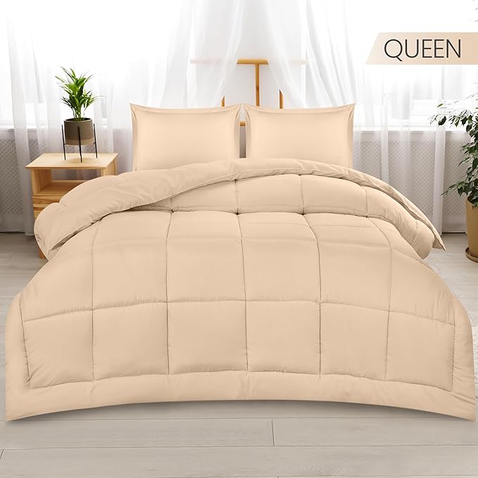 Utopia Bedding Queen Size Comforter Set with 2 Pillow Shams, Bedding Comforter Sets, Down Alternative Beige Comforter, Soft and Comfortable, Machine Washable - LeafyLoom