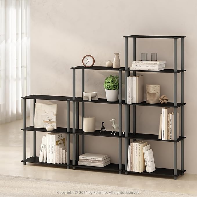 Furinno Turn-N-Tube 5-Tier Multipurpose Compact Display Rack, Shelving Unit, Bookcase, Black/Grey - LeafyLoom
