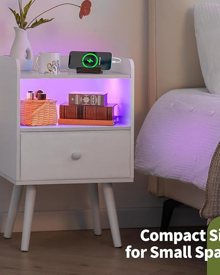 Yoobure Nightstand with Charging Station, Modern Night Stand with LED Lights, Wood Nightstands with Fabric Drawer & Storage Shelf, Night Stands Bedside Table with USB Ports for Bedroom, Office, Home - LeafyLoom