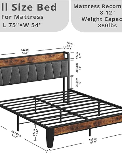 LIKIMIO Full Bed Frame, Storage Headboard with Charging Station, Solid and Stable, Noise Free, No Box Spring Needed, Easy Assembly - LeafyLoom