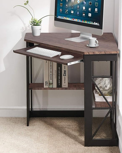 VECELO Corner Computer Desk 41 x 30 inches with Smooth Keyboard & Storage Shelves for Home Office Workstation, Rustic Natural Brown - LeafyLoom