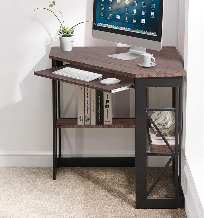 VECELO Corner Computer Desk 41 x 30 inches with Smooth Keyboard & Storage Shelves for Home Office Workstation, Rustic Natural Brown - LeafyLoom