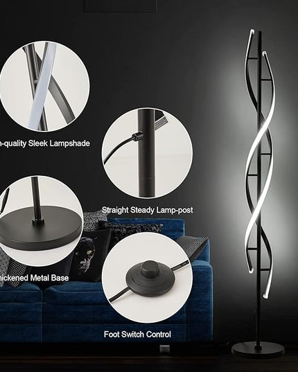 Spiral LED Floor Lamp for Bedroom,Modern Floor Lamp with Remote Control 60 Inch Dimmable Black Floor Lamp 48W Standing Lamp Timing 3 Color Temperature Corner Floor Lamps for Living Room - LeafyLoom