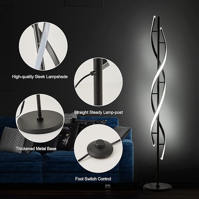 Spiral LED Floor Lamp for Bedroom,Modern Floor Lamp with Remote Control 60 Inch Dimmable Black Floor Lamp 48W Standing Lamp Timing 3 Color Temperature Corner Floor Lamps for Living Room - LeafyLoom