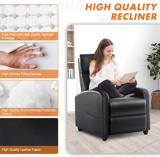 Sweetcrispy Recliner Chair for Adults, Massage PU Leather Small Recliner Home Theater Seating with Lumbar Support, Modern Reclining Chair with Padded Seat Backrest, Living Room, Black - LeafyLoom
