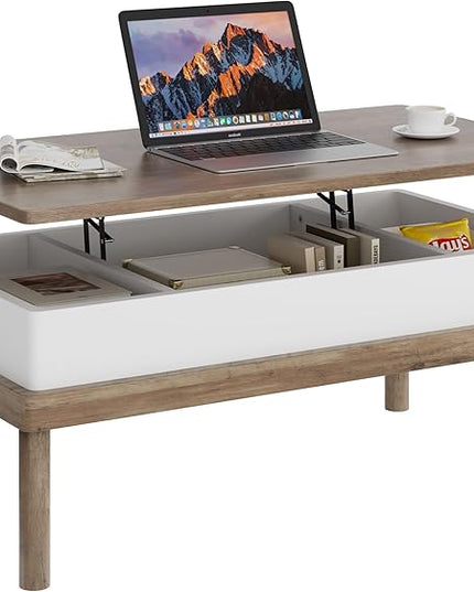 Shintenchi Coffee Table, Lift Top Coffee Table with Hidden Compartment, Rising Tabletop Dining Table, Lift Top Coffee Center Table for for Living Room, Office, Home (Ivory) - LeafyLoom