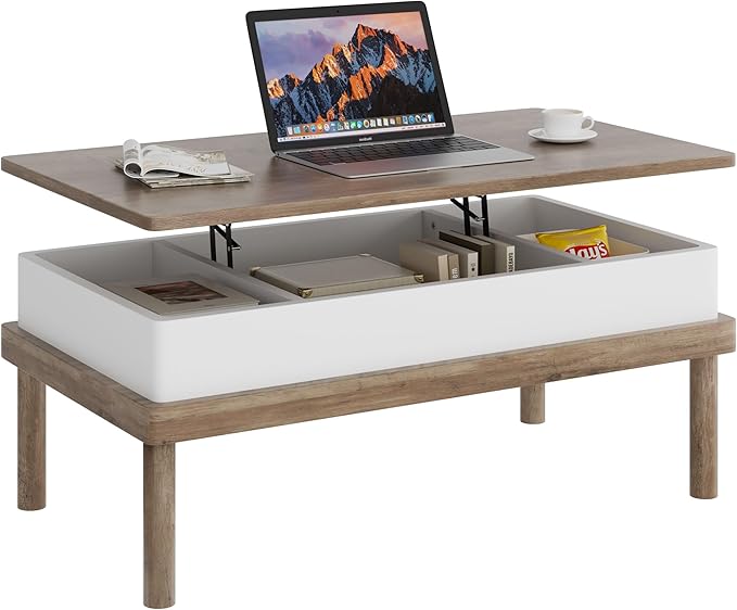 Shintenchi Coffee Table, Lift Top Coffee Table with Hidden Compartment, Rising Tabletop Dining Table, Lift Top Coffee Center Table for for Living Room, Office, Home (Ivory) - LeafyLoom