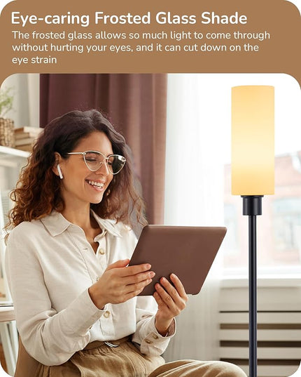 EDISHINE LED Corner Floor Lamp with Glass Lampshade, Modern Dimmable Reading Light with Remote, 65" Standing Tall Lamp for Living Room, Bedroom, Office, Bulb Included (Black) - LeafyLoom