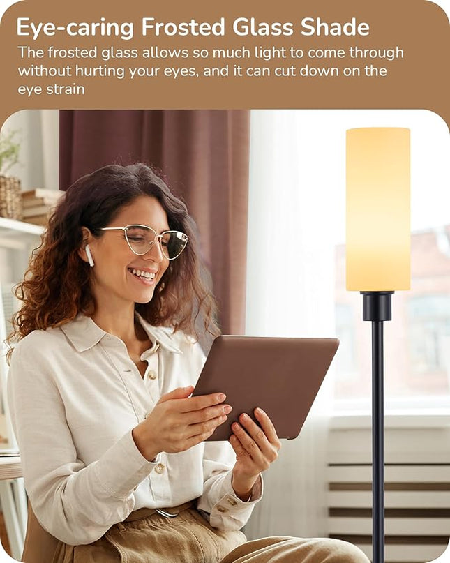EDISHINE LED Corner Floor Lamp with Glass Lampshade, Modern Dimmable Reading Light with Remote, 65" Standing Tall Lamp for Living Room, Bedroom, Office, Bulb Included (Black) - LeafyLoom