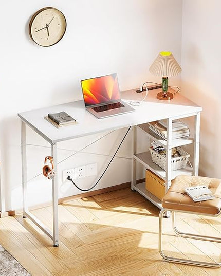 AODK Laptop Desk Small Desk, 40 Inch Computer Desk with Power Outlet and USB & Type-C Charging Port, Writing Desk with 3-Tier Reversible Storage Shelf for Home Office, 40'' x 16'', White - LeafyLoom