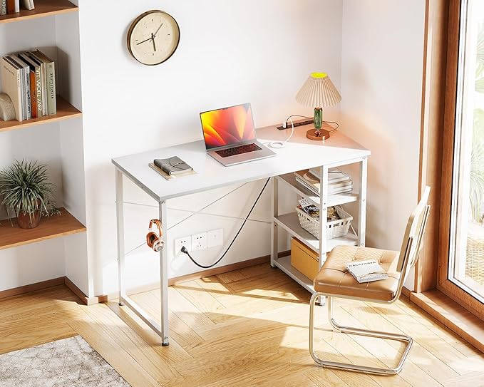 AODK Laptop Desk Small Desk, 40 Inch Computer Desk with Power Outlet and USB & Type-C Charging Port, Writing Desk with 3-Tier Reversible Storage Shelf for Home Office, 40'' x 16'', White - LeafyLoom