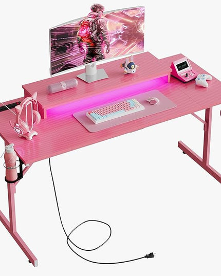 Bestier Gaming Desk with Power Outlets and USB Charging Ports, 52 Inch LED Small Computer Desk with Monitor Stand, Home Office Desk with Cup Holder & Headset Hooks, Desk for Office, Carbon Fiber Pink - LeafyLoom