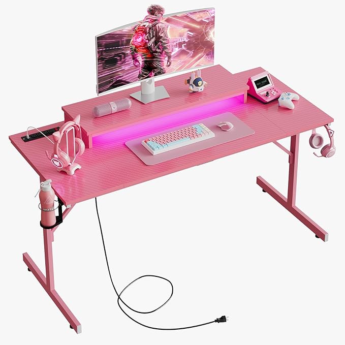 Bestier Gaming Desk with Power Outlets and USB Charging Ports, 52 Inch LED Small Computer Desk with Monitor Stand, Home Office Desk with Cup Holder & Headset Hooks, Desk for Office, Carbon Fiber Pink - LeafyLoom