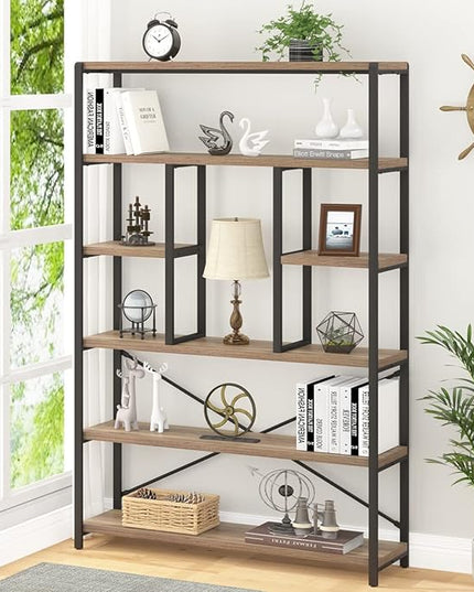 LVB Tall Industrial Etagere Bookcase, Modern Wood Large Open 6 Tier Bookshelf, Vintage Wide Metal Book Shelf Organizer, Farmhouse Book Shelves for Bedroom Living Room Home Office Storage, Rustic Oak - LeafyLoom