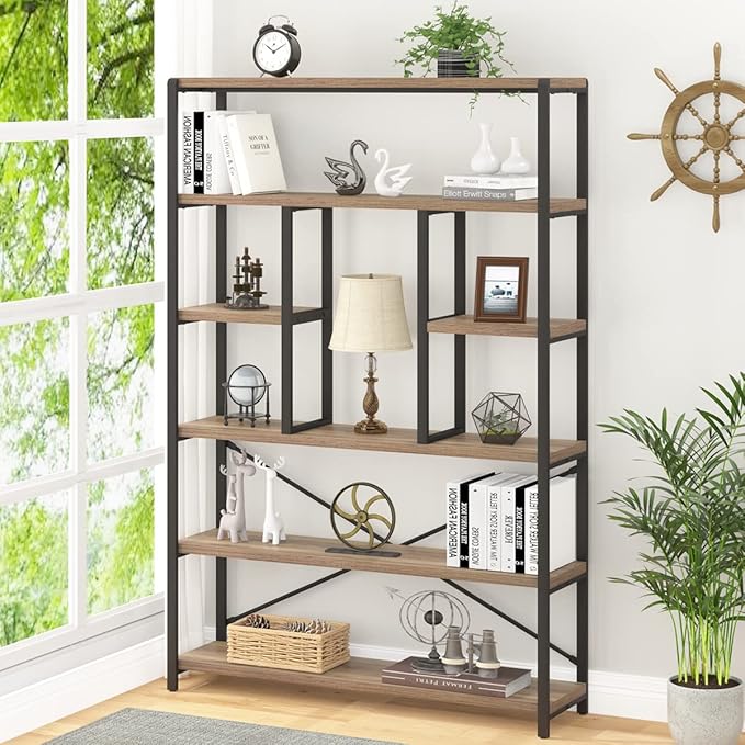LVB Tall Industrial Etagere Bookcase, Modern Wood Large Open 6 Tier Bookshelf, Vintage Wide Metal Book Shelf Organizer, Farmhouse Book Shelves for Bedroom Living Room Home Office Storage, Rustic Oak - LeafyLoom