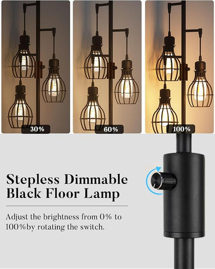 Lightdot 68IN Industrial Floor Lamp Dimmable (Brightness Adjustable), Farmhouse Tree Floor Lamp with E26 LED Edision Bulbs Included, 3-Light Tall Pole Standing Lamp for Living Room Bedroom-Black - LeafyLoom