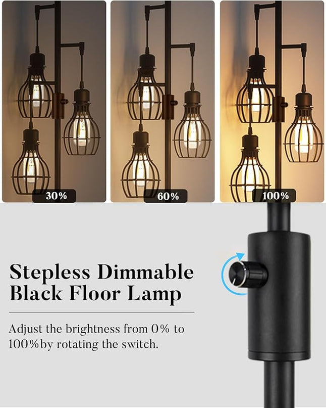 Lightdot 68IN Industrial Floor Lamp Dimmable (Brightness Adjustable), Farmhouse Tree Floor Lamp with E26 LED Edision Bulbs Included, 3-Light Tall Pole Standing Lamp for Living Room Bedroom-Black - LeafyLoom