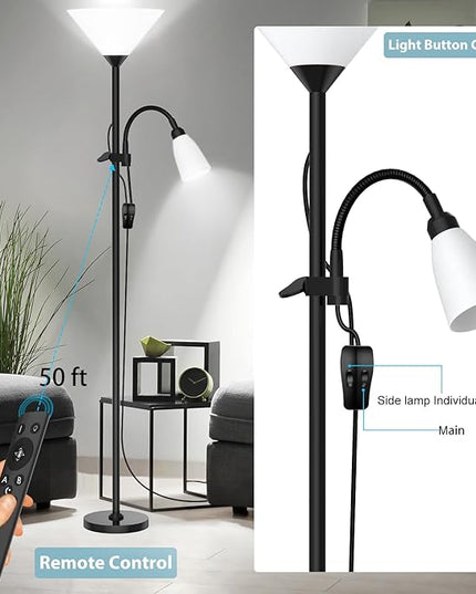 Floor Lamp, 3 Color Temperature&Dimmable Standing lamp, 12W LED Torchiere Floor Lamp with Adjustable Reading Lamp, 3 Way Switch, Modern Tall Lamps for Living Room, Bedroom, Office (65 inches) - LeafyLoom