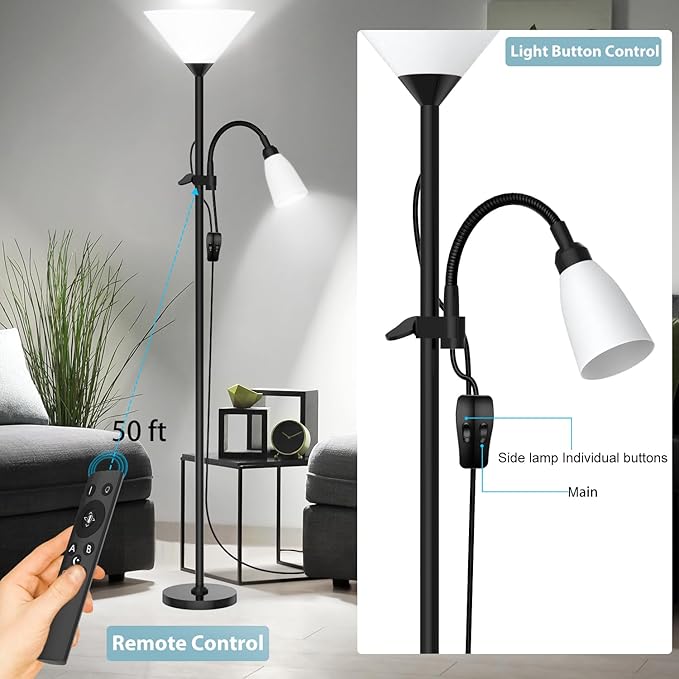 Floor Lamp, 3 Color Temperature&Dimmable Standing lamp, 12W LED Torchiere Floor Lamp with Adjustable Reading Lamp, 3 Way Switch, Modern Tall Lamps for Living Room, Bedroom, Office (65 inches) - LeafyLoom