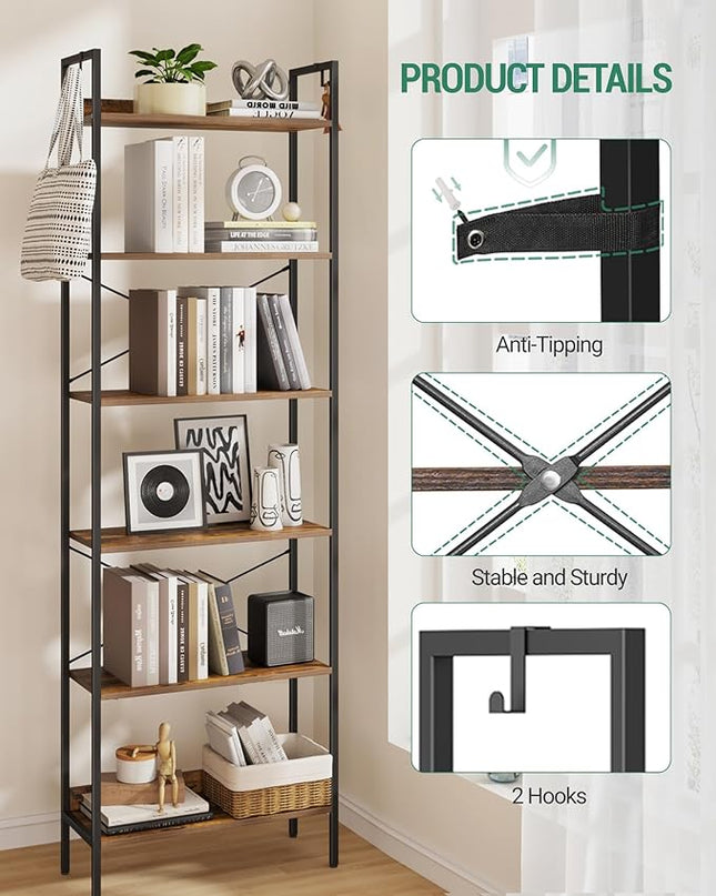 Bookshelf, Book Shelf, Industrial Bookcase with 2 Hooks, Coner Shelf Storage Organizer for Home Office, Living Room, Bedroom, Kitchen, 6-Tier Rustic Brown BC22701B - LeafyLoom