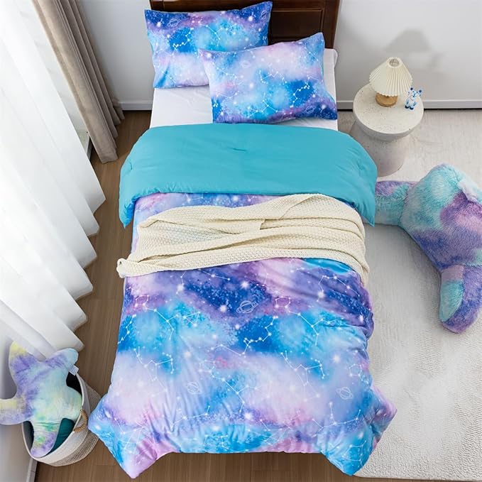 Holawakaka Tie Dye Galaxy Constellation Print Ombre Comforter Set Twin/Twin XL Size Girls Boys Dorm Gradient Space Stars Bedding Set (Blue Purple, Twin) - LeafyLoom