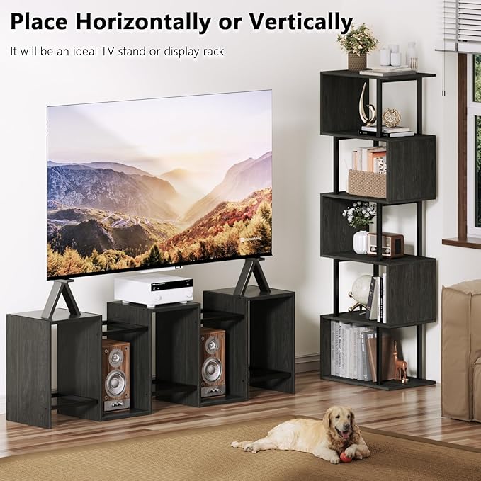 Furologee 6 Tier Bookshelf Tall Geometric Bookcase, S-Shaped Industrial Display Standing Shelf, Metal and Wood Decorative Storage Room Divider Shelves for Bedroom, Living Room, Office, Light Black Oak - LeafyLoom