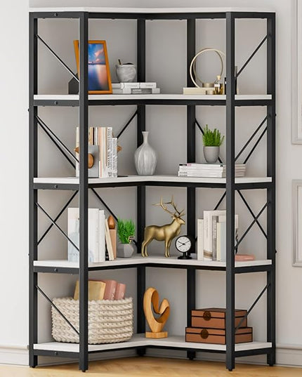 YITAHOME Corner Bookshelf, 5-Tier L-Shaped Bookcase Storage Organizer, Tall Open Display Freestanding Storage Rack Modern Book Shelf for Living Room, Bedroom, Home Office, White - LeafyLoom